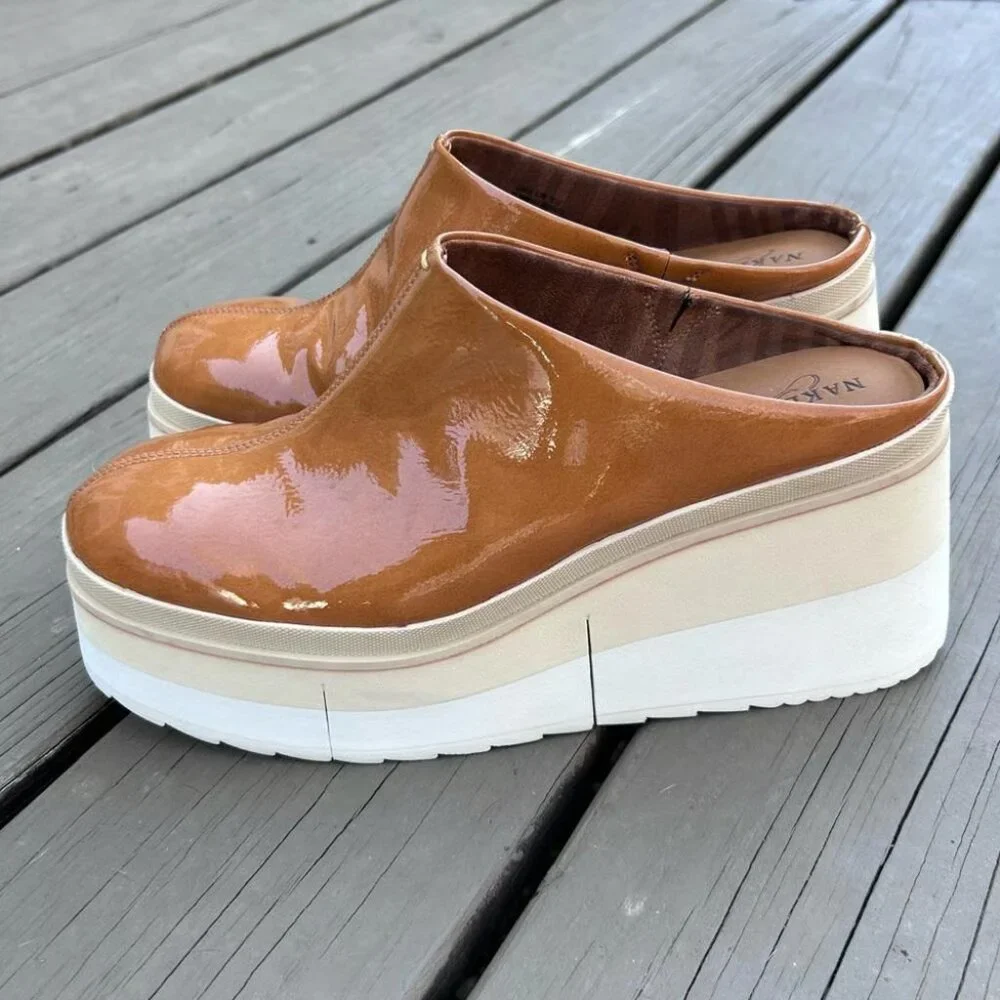 Naked Feet Patent Platform Mules in Cognac and Cream